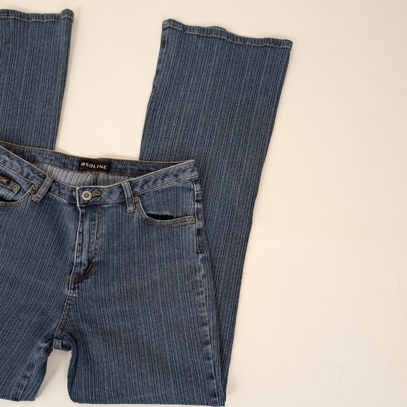 Gasoline Pinstriped Denim Jeans Flare Bootcut Mid Rise Low Y2K - Picture 3 of 8